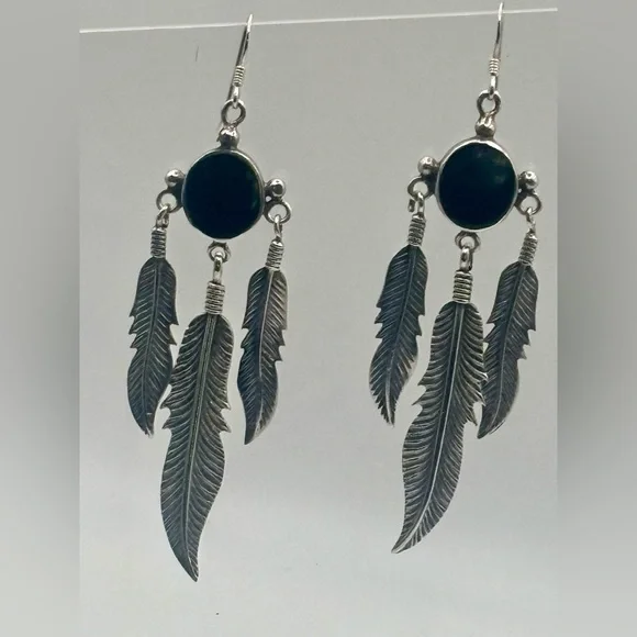 Vintage Black Agate 925 Feather Dangling Earrings - Picture 4 of 8